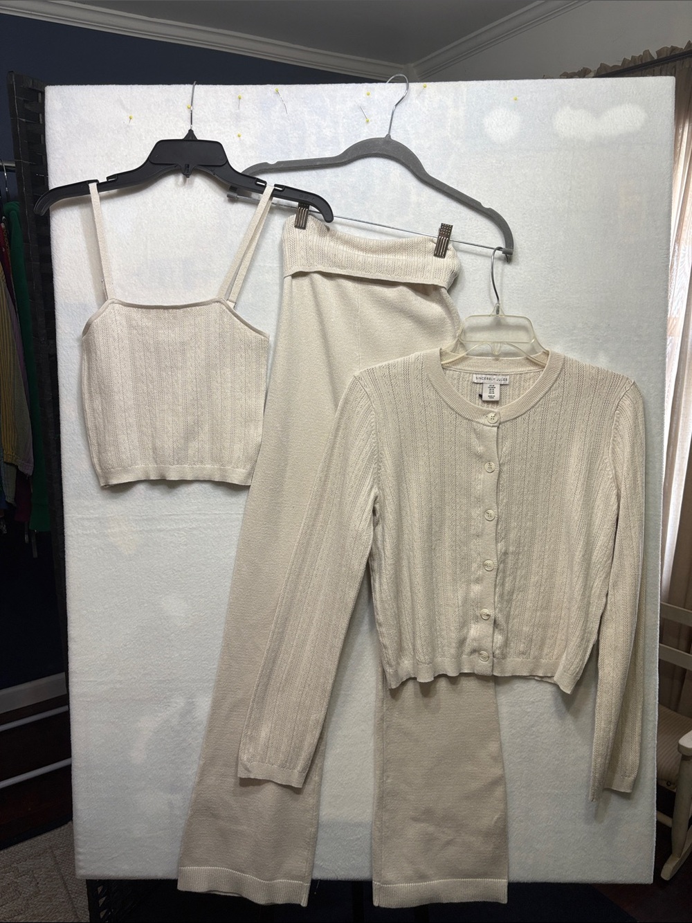 Sincerely Jules 3-Piece Pointelle Knit Lounge Set Cream Beige Medium EUC